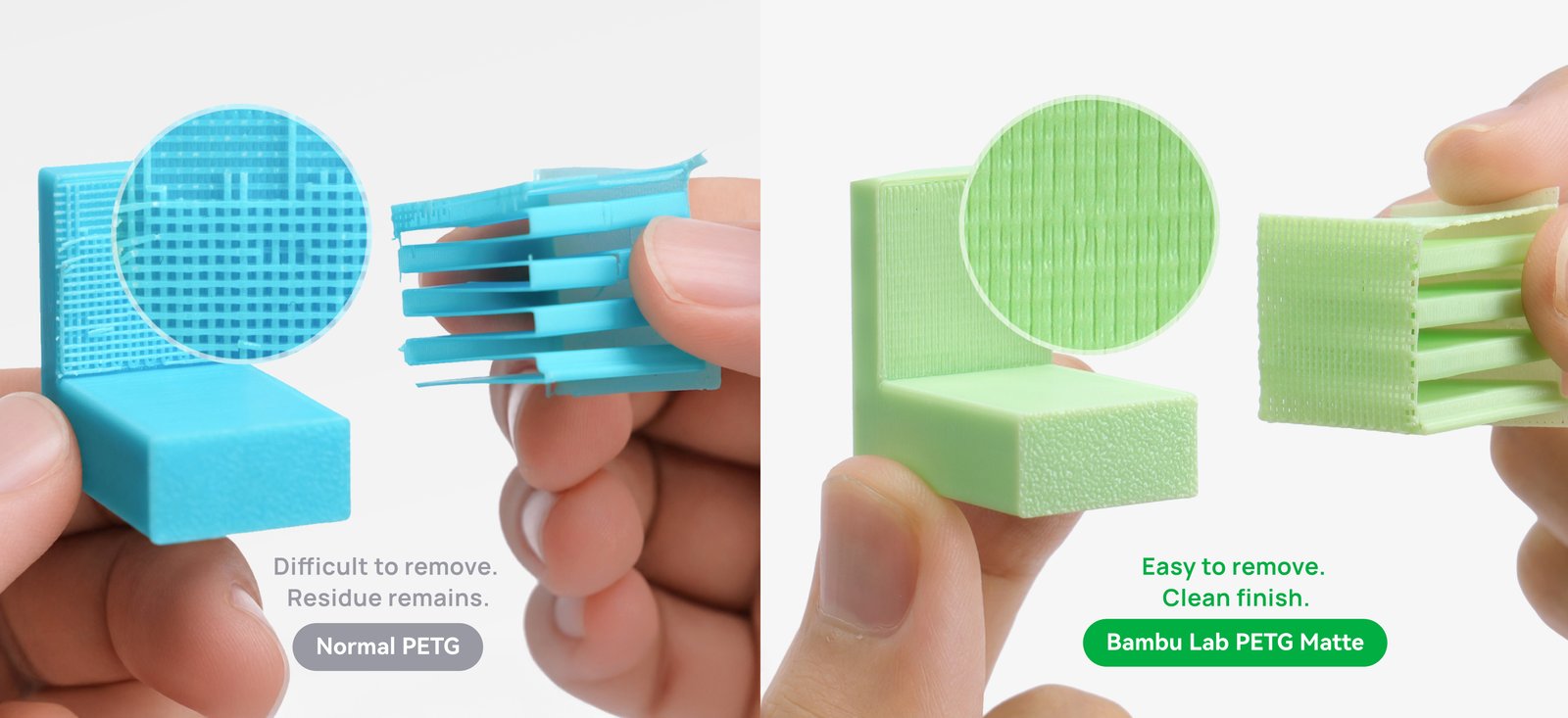 Vergleich der Stützenentfernung: normales PETG und Bambu Lab PETG Matte
