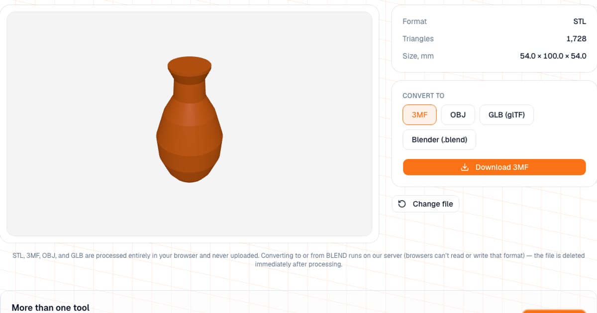 3D model dönüştürücü: yüklenmiş STL vazo, 3MF, OBJ, GLB veya Blend seçimi ve indirme düğmesi