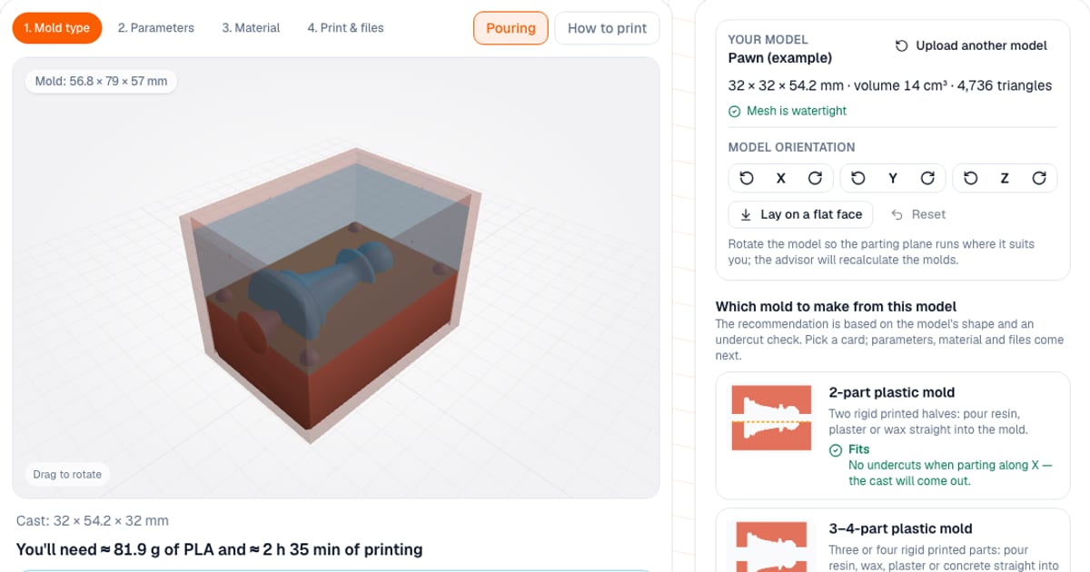 モールドジェネレーター：3Dプレビューのチェスのポーン用2分割シリコーン型と材料の見積もり