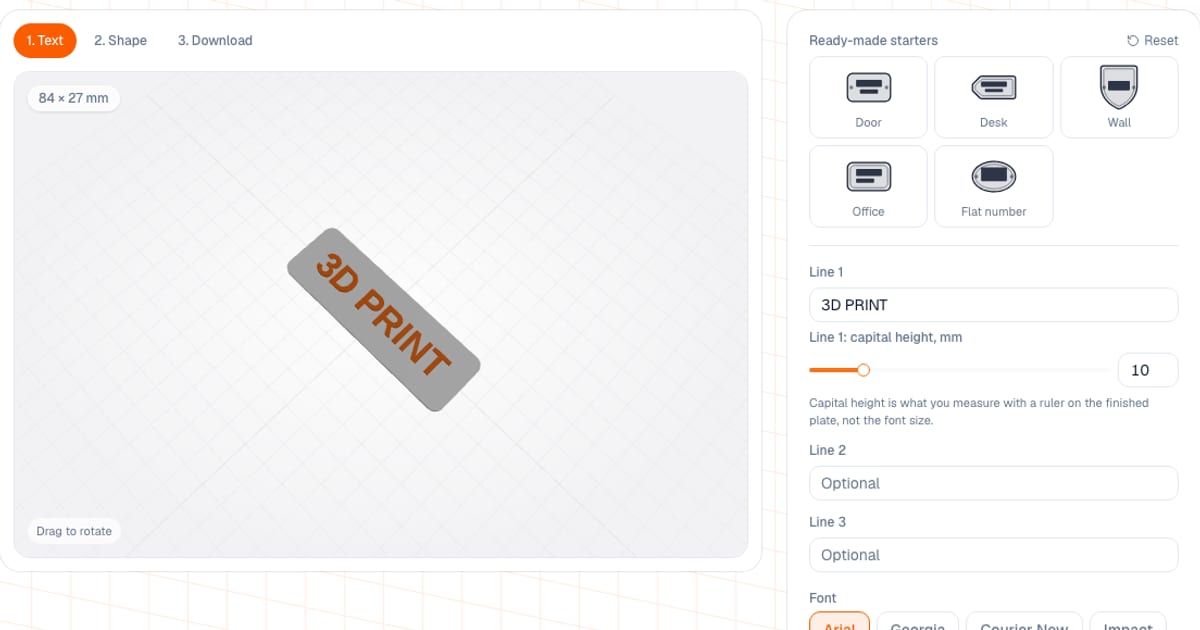 Generador de placas de nombre: placa 3D PRINT con letras en relieve en la vista previa y plantillas listas