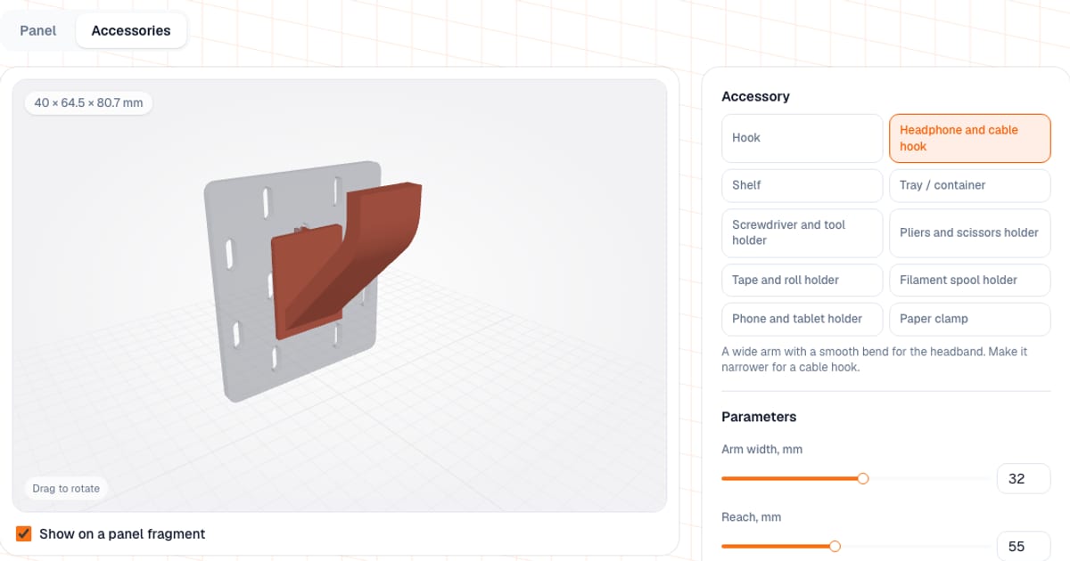 SKÅDIS-Panel-Tool: Kopfhörerhaken auf einem Panelausschnitt in der 3D-Vorschau und Zubehörliste